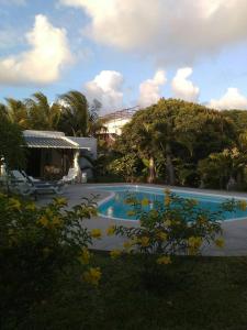 a swimming pool in a yard with trees and a building at Villa Verde , haven of peace and love in Blue Bay