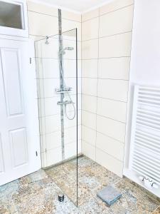 a shower with a glass door in a bathroom at Im kleinen Stil ll in Linz am Rhein
