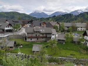einem Luftblick auf ein Dorf mit Häusern und Bergen in der Unterkunft Apartma PR PEKOVCU in Bohinj