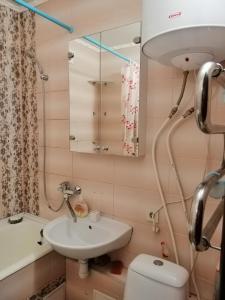 a bathroom with a sink and a toilet and a mirror at Apartments on Dontsya, 12 in Kyiv