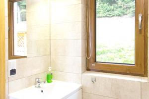 a bathroom with a sink and a window at Domki w Kasinie in Kasina Wielka
