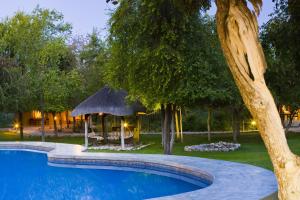 a swimming pool in a yard with a gazebo at Mushara Lodge in Namutoni