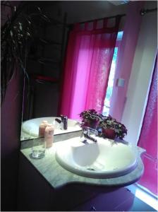 baño con lavabo y cortina de ducha rosa en Chez Caro en Epinois