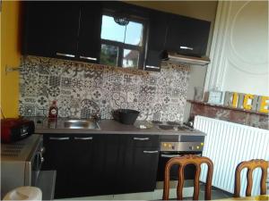a kitchen with black cabinets and a sink and a stove at Chez Caro in Epinois