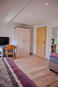 a bedroom with a bed and a desk and a television at Haus Weinbergblick in Haigerloch