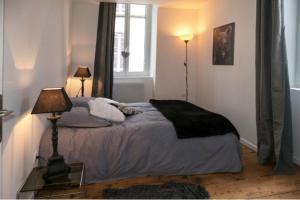 - une chambre avec un lit doté d'une lampe et d'une fenêtre dans l'établissement RESIDENCE AUX DEUX PICS - Tucou et Monné, à Bagnères-de-Bigorre
