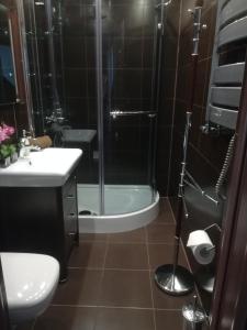 een badkamer met een douche, een toilet en een wastafel bij Alma Apartments Starachowice in Starachowice