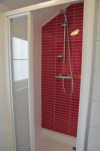 W łazience znajduje się prysznic z czerwoną ścianą. w obiekcie Lodge 6 personen camping de Molenhof w mieście Reutum