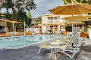 ein Pool mit Stühlen und Sonnenschirmen neben einem Hotel in der Unterkunft Wild Palms, a JdV by Hyatt Hotel in Sunnyvale