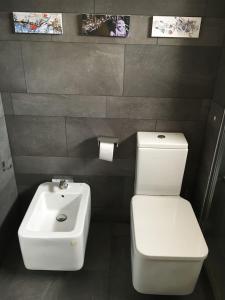 La salle de bains est pourvue de toilettes blanches et d'un lavabo. dans l'établissement Piso céntrico 2 habitaciones cerca del mar, à Hospitalet de l'Infant