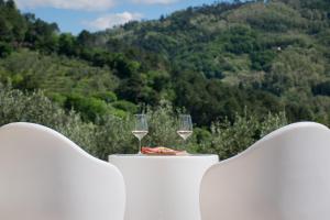 ペーシャにあるPodere Scoglio d'Oroの山の景色を望むテーブルの上にワイン2杯