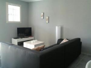 een woonkamer met een zwarte bank en een televisie bij Gîtes La Barguelonne in Sainte-Juliette