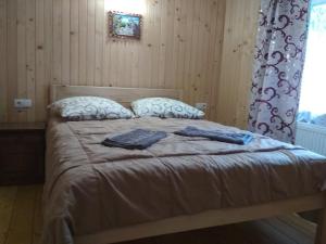a bed with two pillows and a blanket on it at Na Horbyku in Tatariv