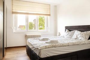 um quarto com uma cama grande e uma janela em City Place Apartments em Belgrado