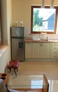 een keuken met een roestvrijstalen koelkast en een raam bij Leśny zakatek in Lubiatowo