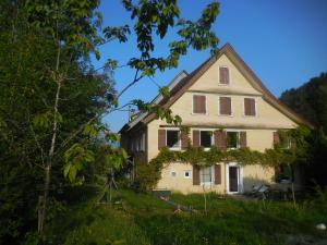 una casa vieja en una colina con árboles en Ferienwohnung im Grünen en Altstätten