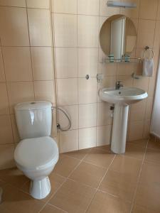a bathroom with a toilet and a sink at Family Hotel Piter in Golden Sands +73 photos