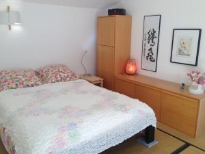 ein Schlafzimmer mit einem Bett und einer Kommode in der Unterkunft la maison bleue in Carros