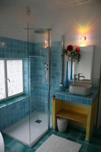 a bathroom with a sink and a glass shower at la maison bleue in Carros