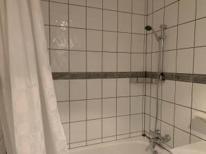 a bathroom with a shower and a tub with a shower curtain at North Star Apartments Rif in Snæfellsbær +86 photos