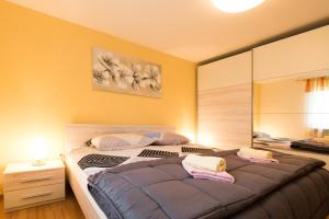 - une chambre avec un grand lit et un miroir dans l'établissement Apartment Adele, à Kršan