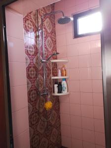y baño alicatado de color rosa con ducha. en Prothea Home, en Vila Chã