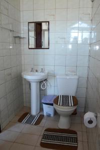 a bathroom with a sink and a toilet and a mirror at Pousada Colina Da Neve in São Joaquim