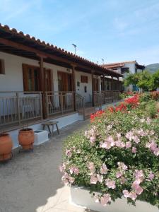 een binnenplaats met bloemen voor een gebouw bij Asimina's House in Skiathos-stad