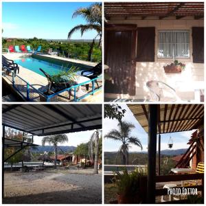 een collage van foto's van een zwembad en een huis bij Complejo Sierras in Villa Parque Siquiman