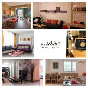 un collage de cuatro fotos de una sala de estar en Skopje Eluxory Apartments, en Skopje