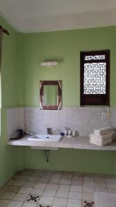 a green bathroom with a sink and a mirror at La Villa in Battambang