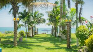 una fila de palmeras con el océano en el fondo en Hotel Puerto Ballesta en Tonsupa