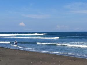 a person walking in the water on the beach at Gubug Balian Beach Bungalow in Selemadeg