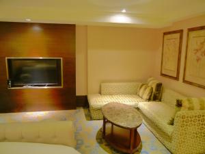 Kai Wei Boutique Hotel في تايبيه: غرفة معيشة مع أريكة وطاولة وتلفزيون