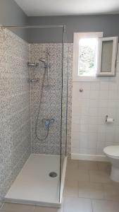 a bathroom with a shower with a sink and a toilet at Gîte A l'ombre du clocher in Calenzana