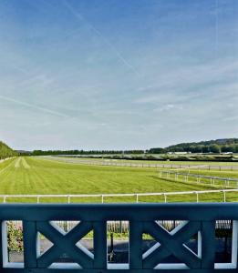 - une vue sur un champ de chevaux depuis une clôture dans l'établissement Pegase, à Deauville