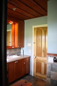 a kitchen with a sink and a wooden door at Gîte Au Blanc Marronnier in Racine