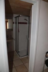 un baño con ducha y lavabo en Rustico, en Verdabbio