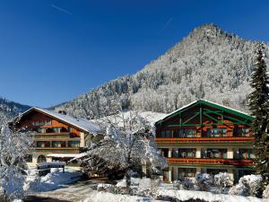 a large building in the snow with a mountain at Steinbach-Hotel in Ruhpolding