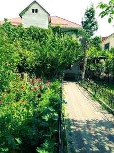 a garden with flowers and a fence and a house at ShymHostle in Shymkent