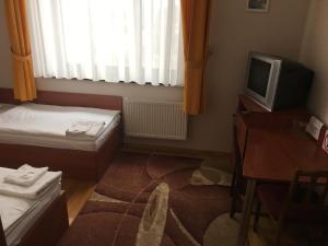 a small room with two beds and a desk and a television at Готель Леон in Zwiahl