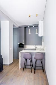 a kitchen with two bar stools and a kitchen island at Malunu Apartments 1 in Vilnius