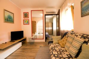uma sala de estar com um sofá e uma televisão em One bedroom apartment near the Kamenjak park in Prematura em Premantura