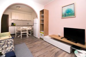 a living room with a television and a living room with a kitchen at One bedroom apartment near the Kamenjak park in Prematura in Premantura