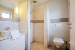 biała łazienka z toaletą i umywalką w obiekcie Buedlfarm-Wohlfuehlhuette w mieście Fehmarn