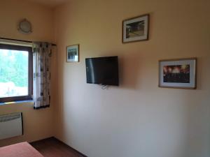 sala de estar con TV de pantalla plana en la pared en Penzion U strhaného klempíře, en Ropice