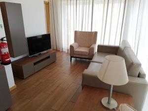 a living room with a couch and a tv and a chair at Apartamentos Turisticos da Nazare in Nazaré
