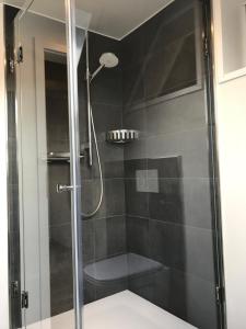 a shower with a glass door in a bathroom at Lagune No1 in Büsum