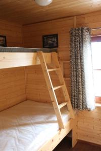 a bunk bed in a log cabin with a ladder at Dutch hausboat "MOLENDIEP" built 1909 in Mosty