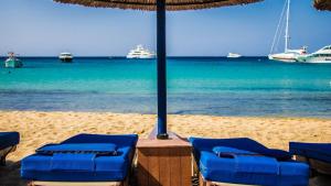 a group of blue chairs sitting on a beach at Romantika in Platis Gialos